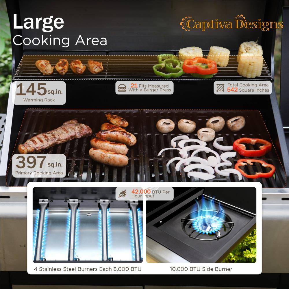 Patio Propane Grill BBQ with 4 x 8000 BTU Burners and 10,000 Side Burner-Captiva Designs - Image 4