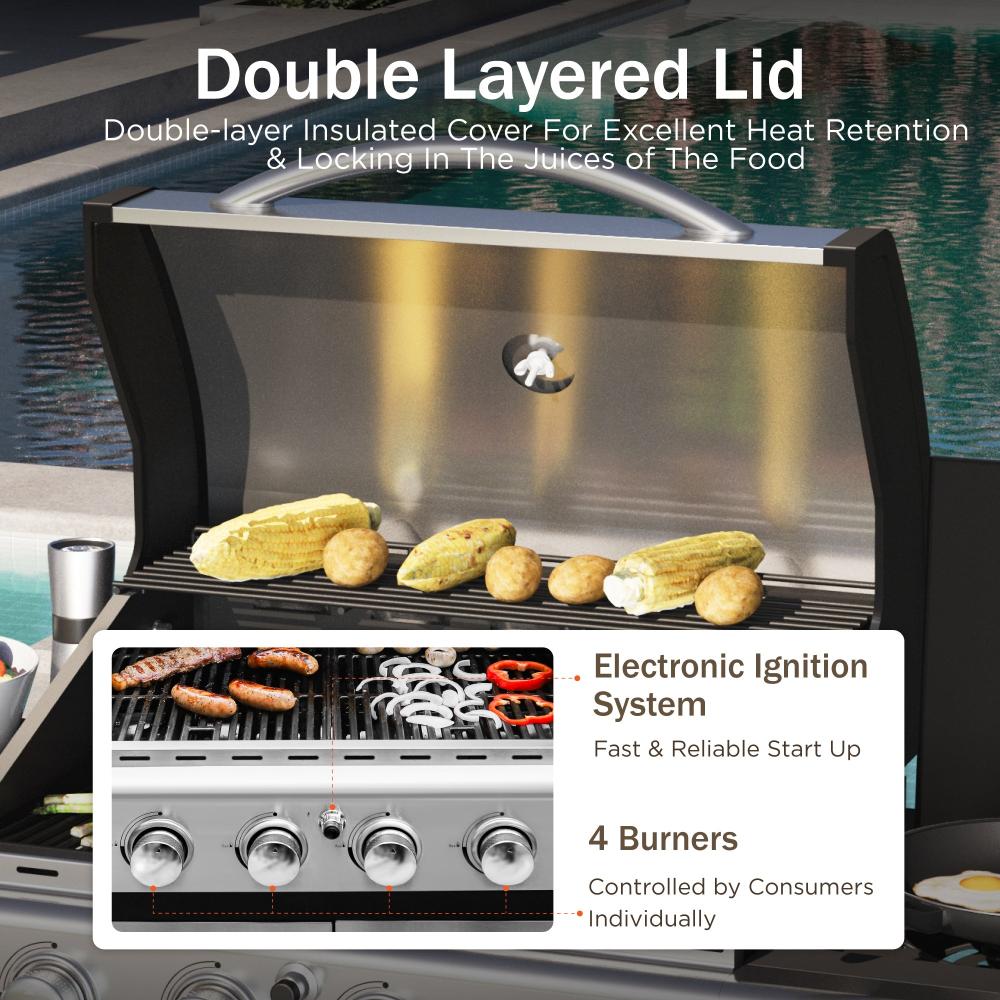 Patio Propane Grill BBQ with 4 x 8000 BTU Burners and 10,000 Side Burner-Captiva Designs - Image 5