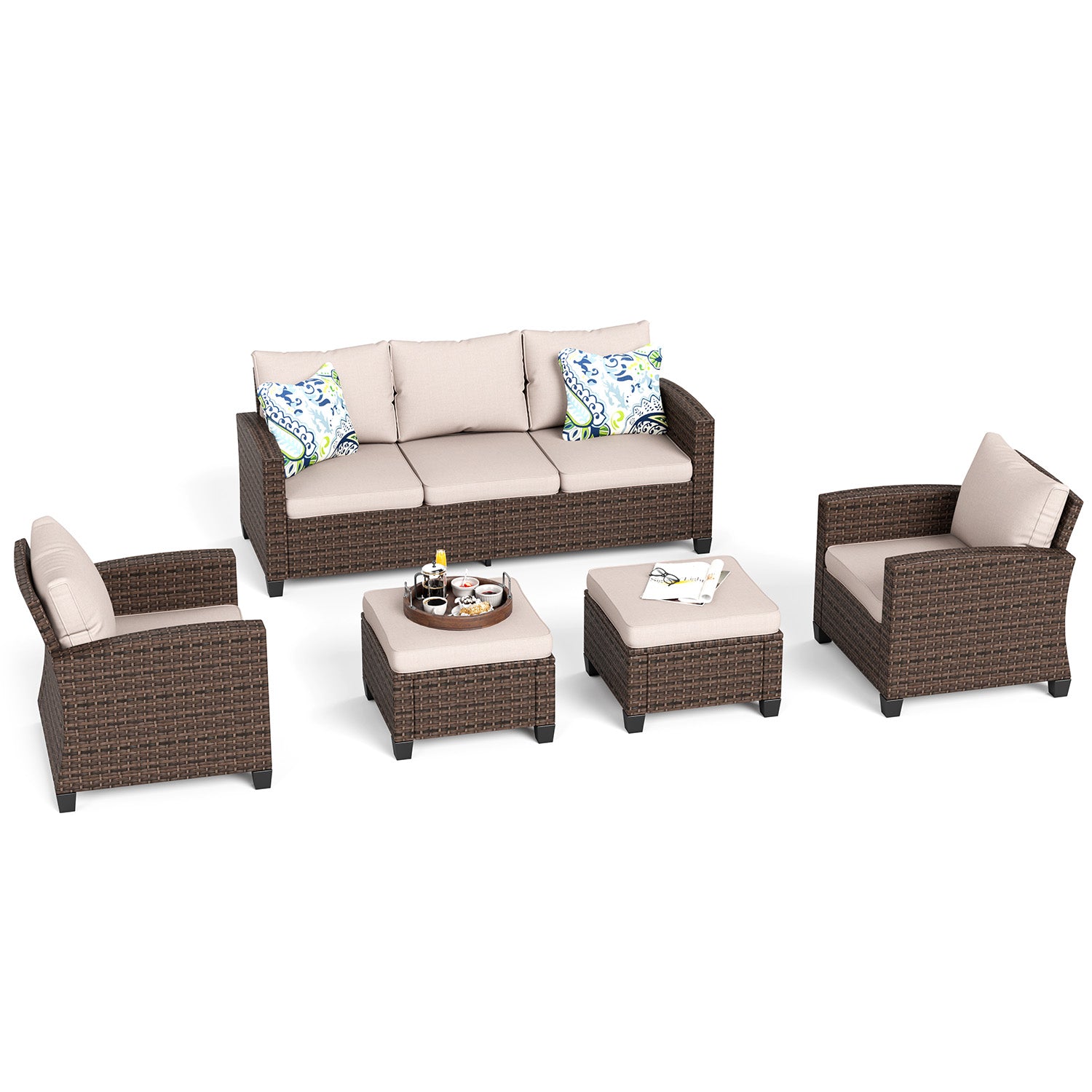 Phi Villa 7-Seater Outdoor Rattan Conversation Sofa Set With Ottomans - Image 2