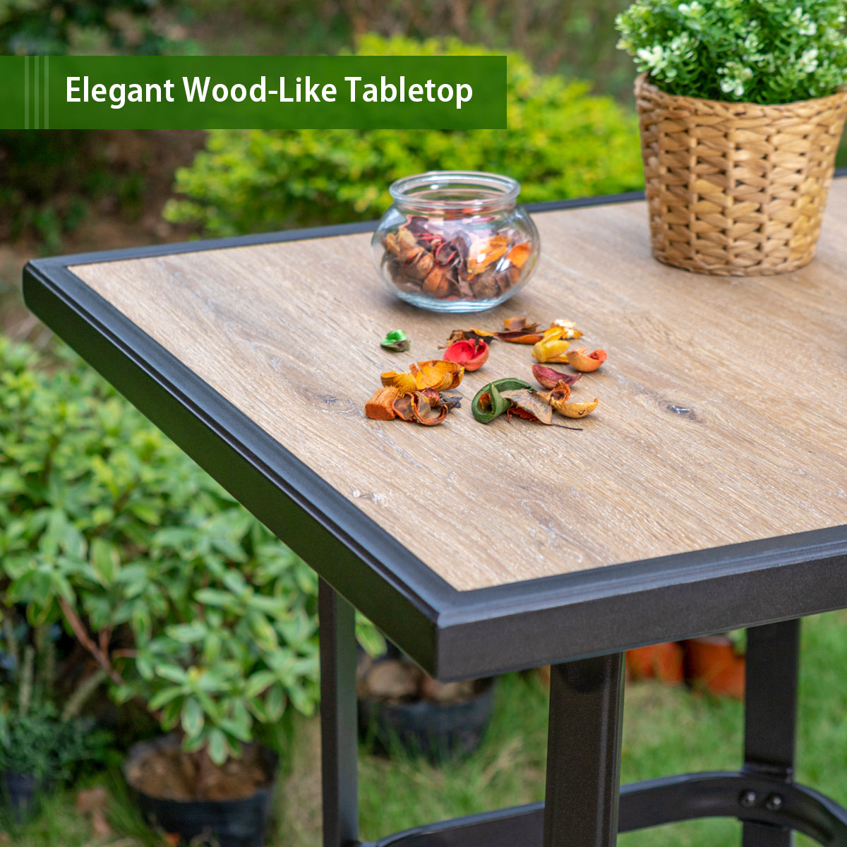 PHI VILLA Patio Bar Height Table with Wood-Like Tabletop & Metal Frame - Image 3