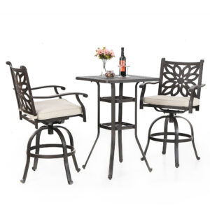 3-Piece Cast Aluminum Square Table & 2 Patio High Swivel Bar Stools Chairs Set