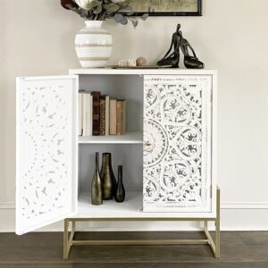White Accent Cabinet with 2 Hollow-Carved Doors
