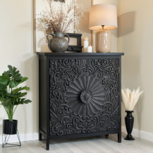 Alternative view of Black Accent Cabinet with Carved Floral Design