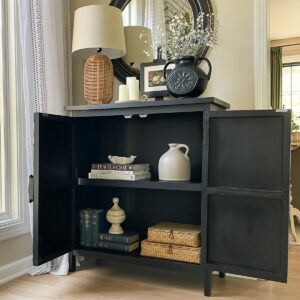 Black Accent Cabinet with Carved Floral Design