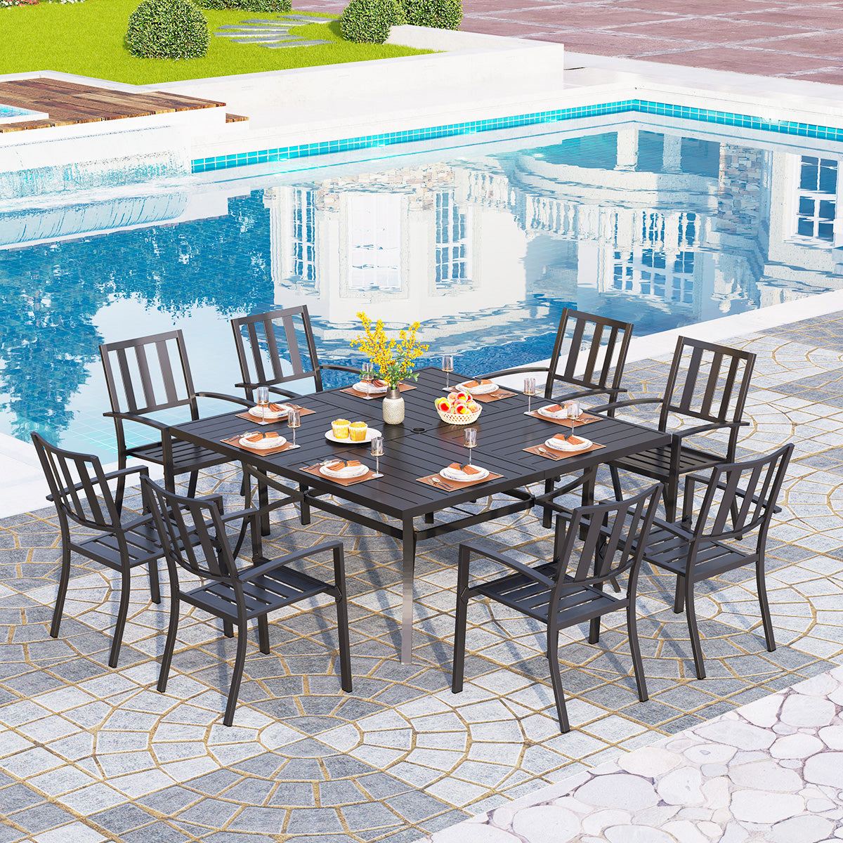 9-Piece Patio Dining Set with Enlarged Square Table and Stackable Chairs