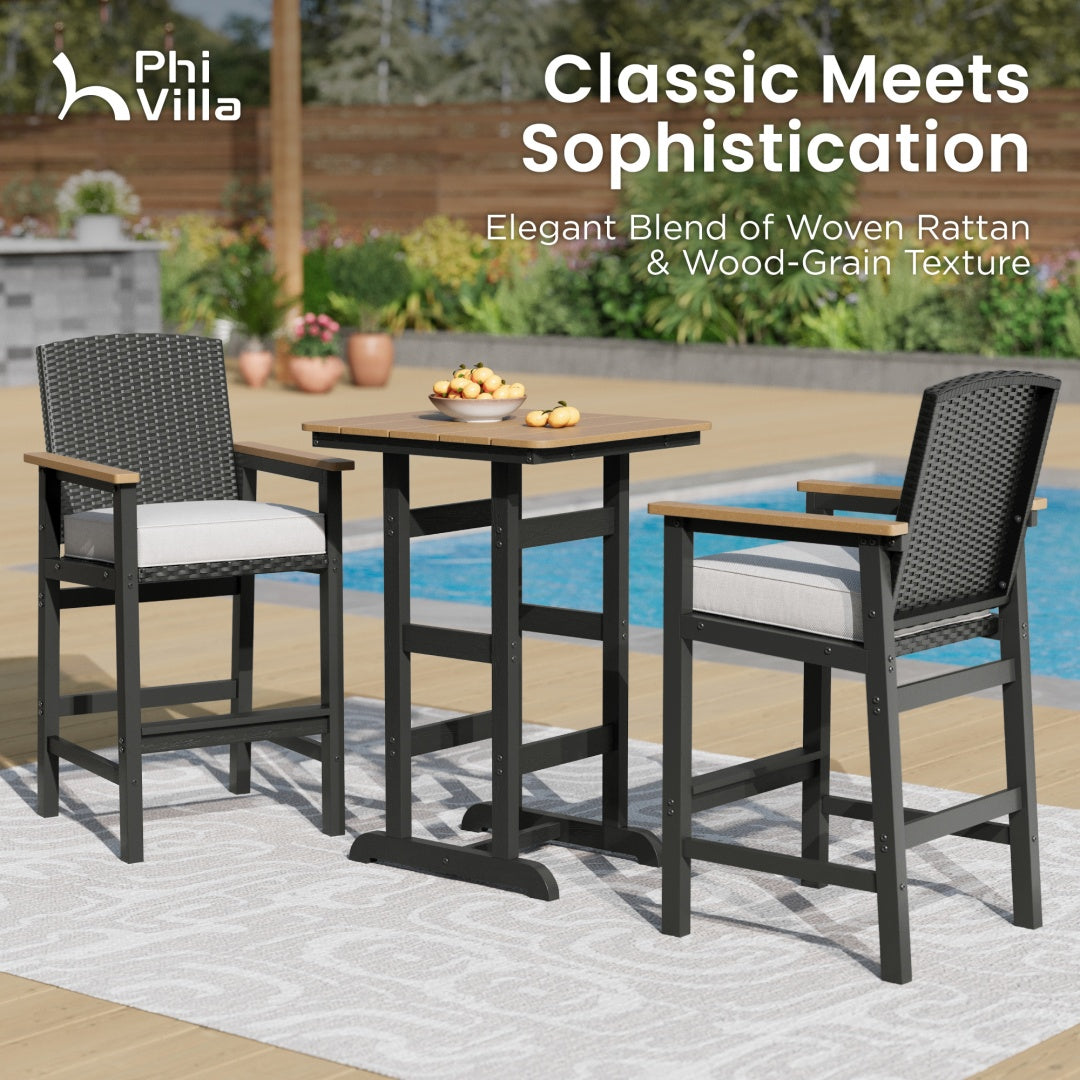 Tranquil 3-Pcs Outdoor High Bar set with HDPE Rattan Bar Stool and Wood-like Table - Image 6