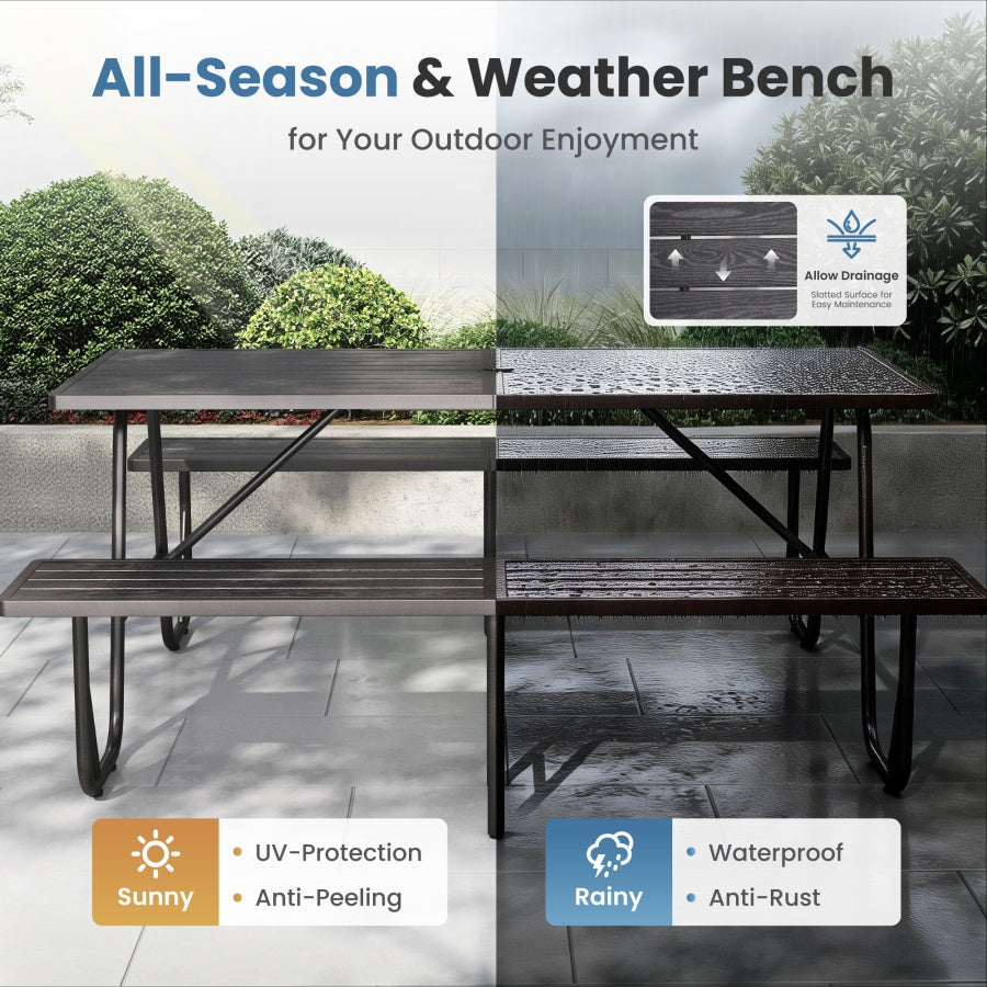 All-Weather Outdoor Picnic Table Set with 2 Benches, Wood-Grain Slat Top - Image 4
