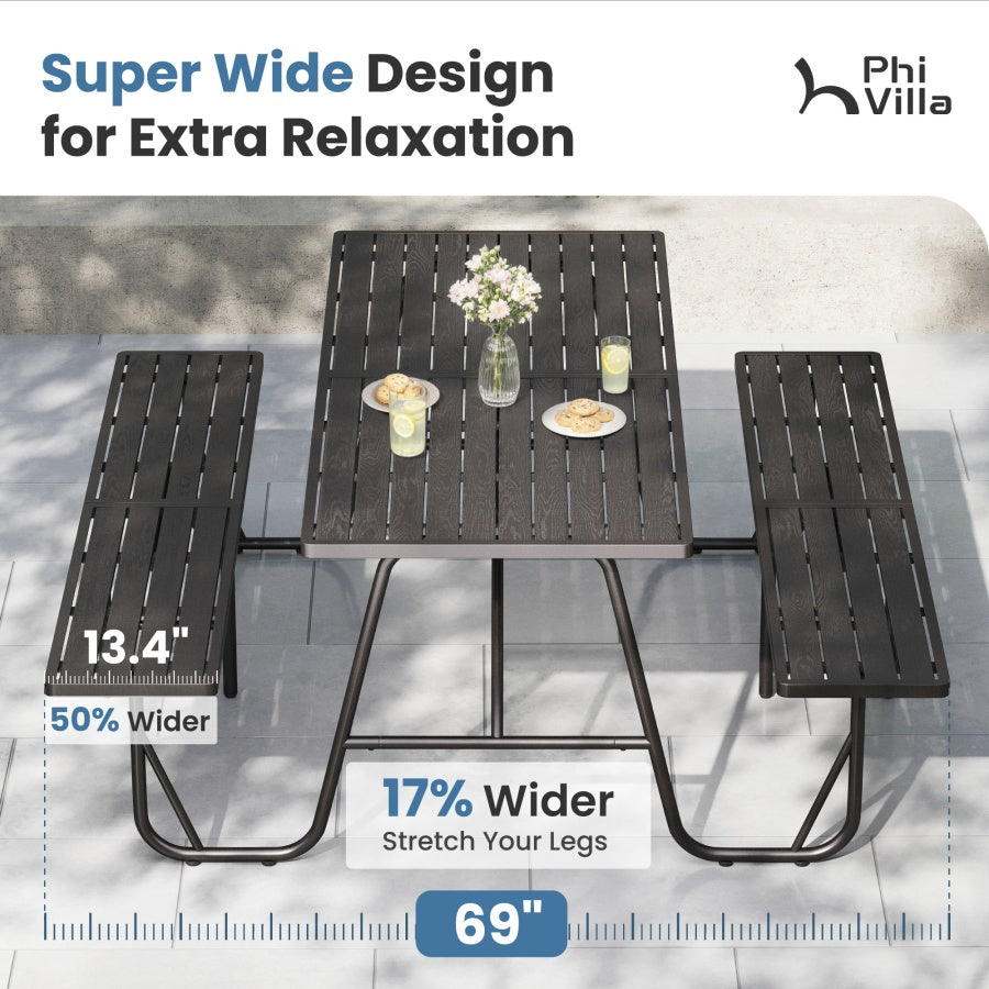 All-Weather Outdoor Picnic Table Set with 2 Benches, Wood-Grain Slat Top - Image 5