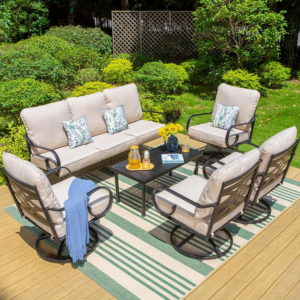 7-Seater Patio Metal Swivel Vines Sofa Set with Coffee Table