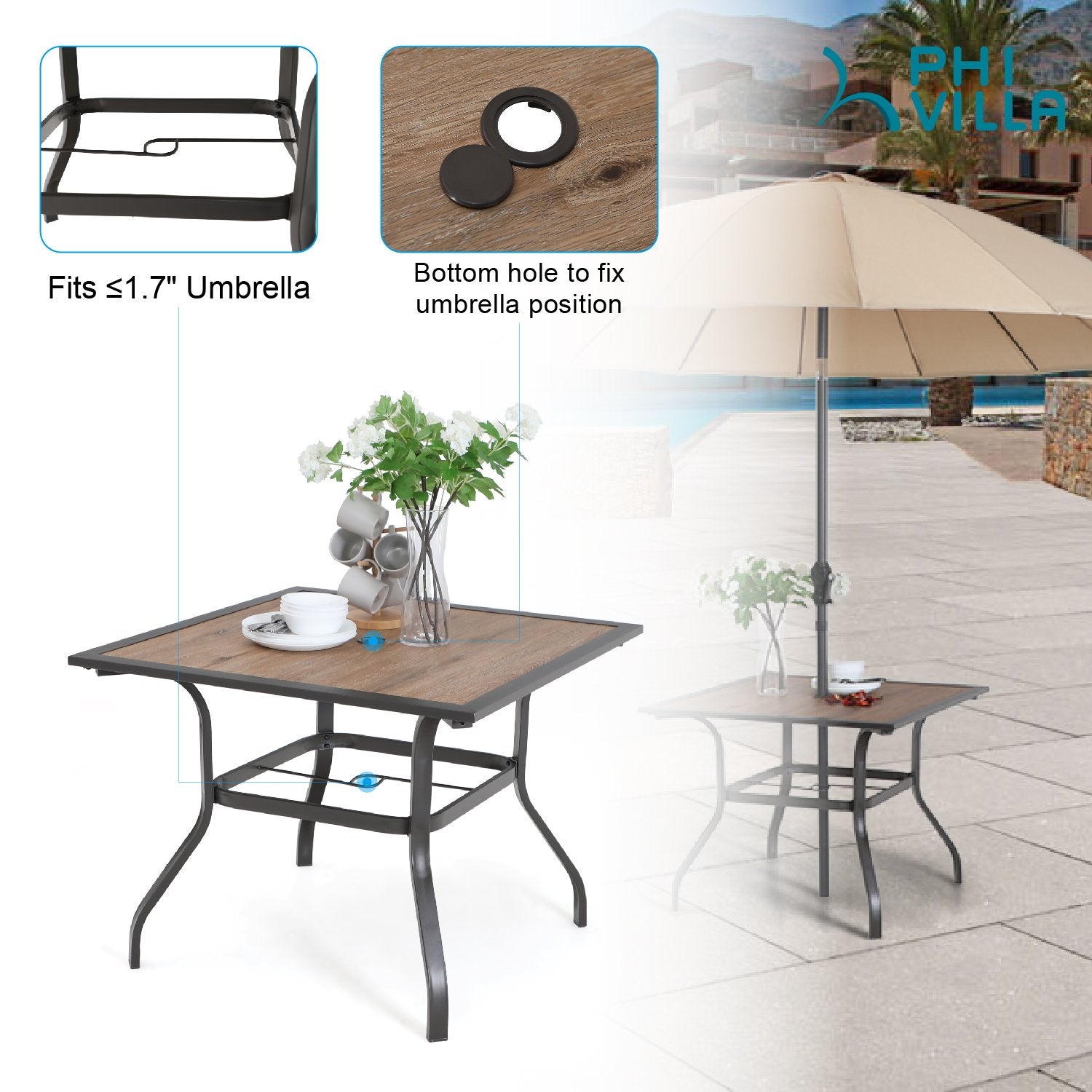 Phi Villa Wood-Look Patio Dining Table with Umbrella Hole - Image 3